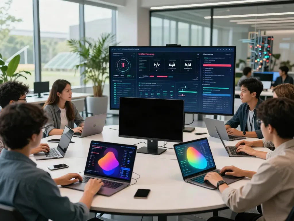 Team collaborating on AI Token Economy project in a modern office