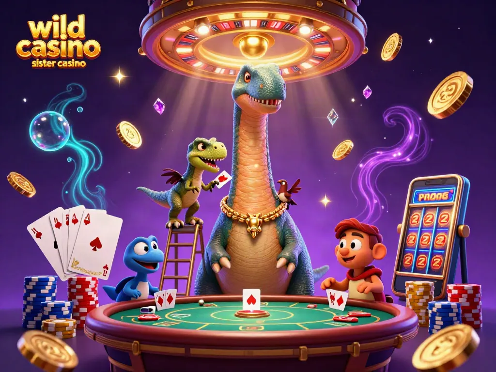 Experience the thrill at wild casino sister casino, where cartoon dinosaurs play poker amidst cascading coins!