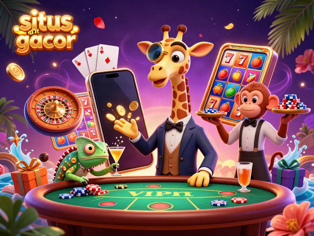Experience the excitement of situs slot gacor with a captivating 3D illustration featuring a high-roller giraffe, monkey, and chameleon surrounded by colorful slot game elements.