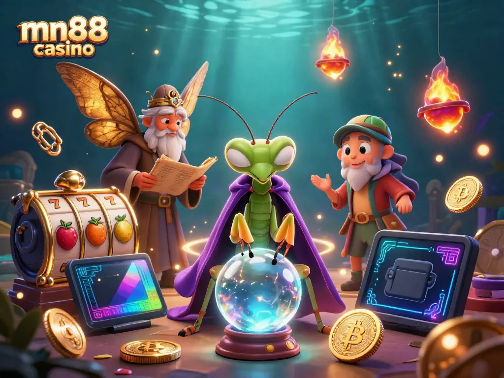 Experience the excitement of mn88 casino with a whimsical 3D illustration featuring a fortune teller and enchanted elements.