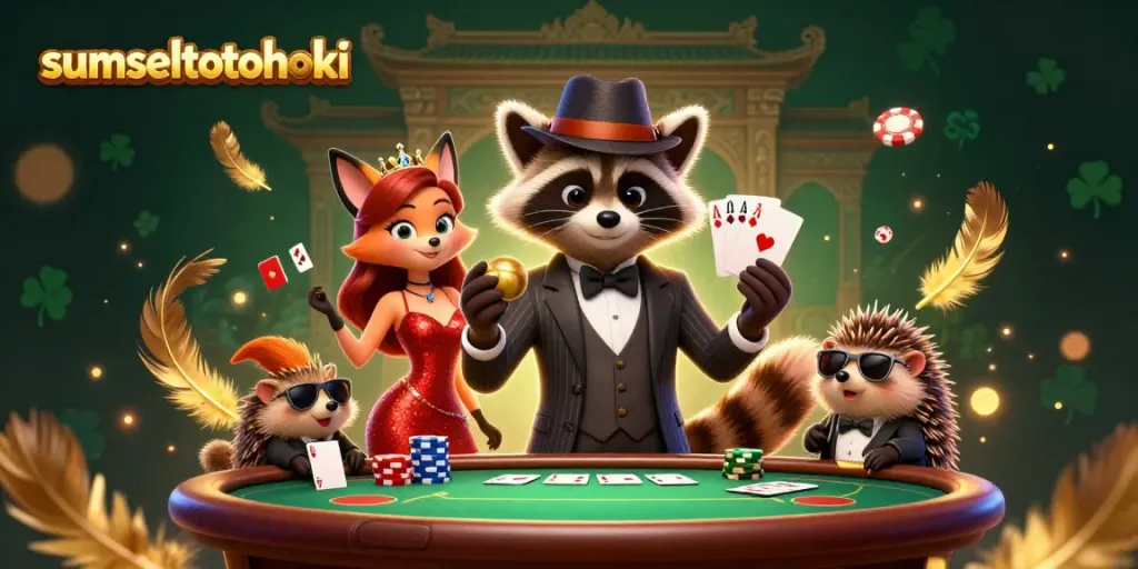 Experience thrills on sumseltotohoki with a raccoon holding a royal flush alongside dynamic casino elements.