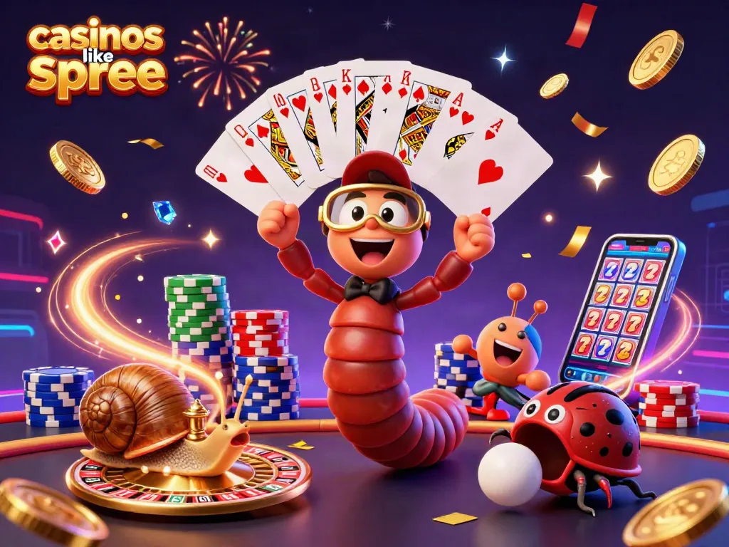 Immerse in a vibrant 3D scene featuring casinos like spree with a colorful millipede dealer, gold coins, poker chips, and more.