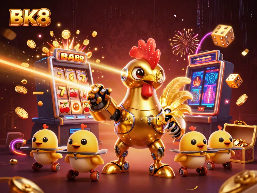 Experience the thrill of BK8 with a dazzling scene featuring a golden rooster robot, slot machine, and casino elements.